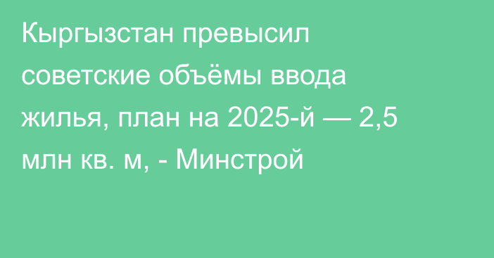 Кыргызстан превысил советские объёмы ввода жилья, план на 2025-й — 2,5 млн кв. м, - Минстрой