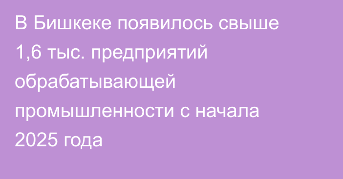 В Бишкеке появилось свыше 1,6 тыс. предприятий обрабатывающей промышленности с начала 2025 года