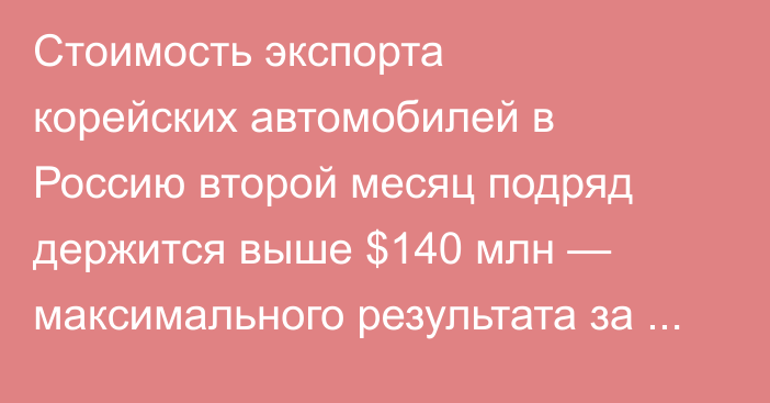 Стоимость экспорта корейских автомобилей в Россию второй месяц подряд держится выше $140 млн — максимального результата за три года