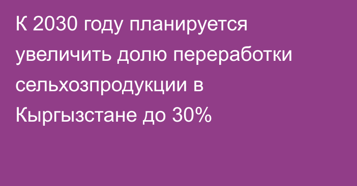 К 2030 году планируется увеличить долю переработки сельхозпродукции в Кыргызстане до 30%