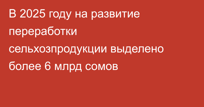 В 2025 году на развитие переработки сельхозпродукции выделено более 6 млрд сомов