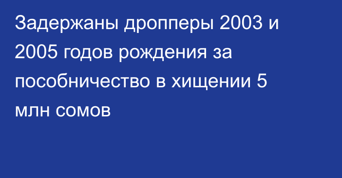 Задержаны дропперы 2003 и 2005 годов рождения за пособничество в хищении 5 млн сомов