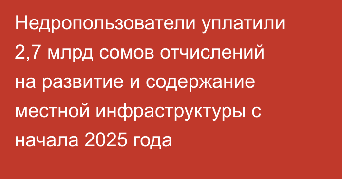 Недропользователи уплатили 2,7 млрд сомов отчислений на развитие и содержание местной инфраструктуры с начала 2025 года