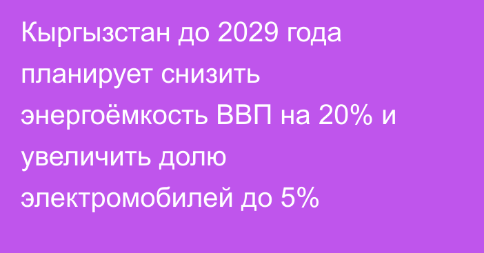 Кыргызстан до 2029 года планирует снизить энергоёмкость ВВП на 20% и увеличить долю электромобилей до 5%