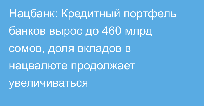 Нацбанк: Кредитный портфель банков вырос до 460 млрд сомов, доля вкладов в нацвалюте продолжает увеличиваться