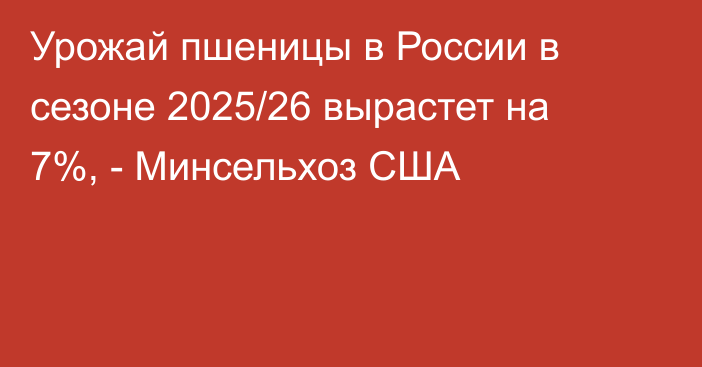 Урожай пшеницы в России в сезоне 2025/26 вырастет на 7%, - Минсельхоз США