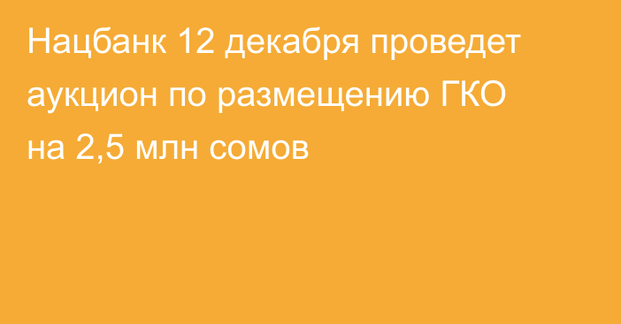 Нацбанк 12 декабря проведет аукцион по размещению ГКО на 2,5 млн сомов
