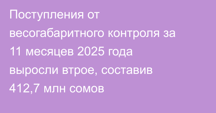 Поступления от весогабаритного контроля за 11 месяцев 2025 года выросли втрое, составив 412,7 млн сомов
