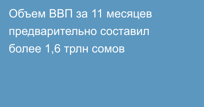 Объем ВВП за 11 месяцев предварительно составил более 1,6 трлн сомов