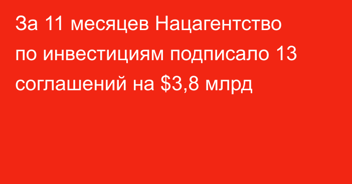 За 11 месяцев Нацагентство по инвестициям подписало 13 соглашений на $3,8 млрд 