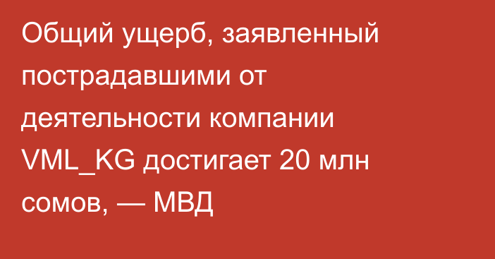 Общий ущерб, заявленный пострадавшими от деятельности компании VML_KG достигает 20 млн сомов, — МВД