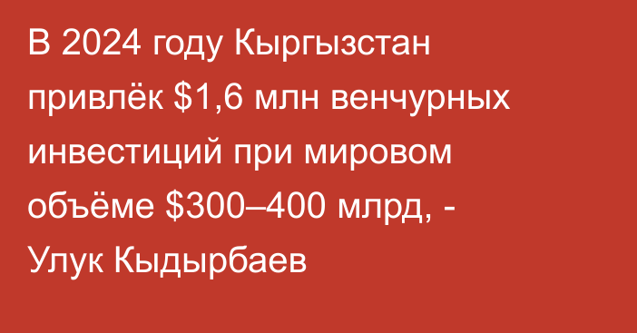 В 2024 году Кыргызстан привлёк $1,6 млн венчурных инвестиций при мировом объёме $300–400 млрд, - Улук Кыдырбаев