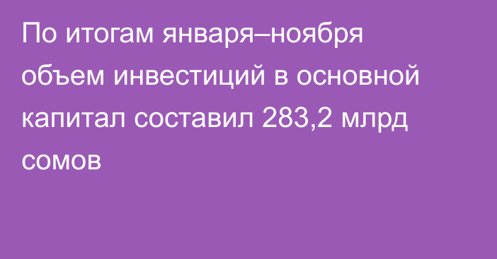 По итогам января–ноября объем инвестиций в основной капитал составил 283,2 млрд сомов