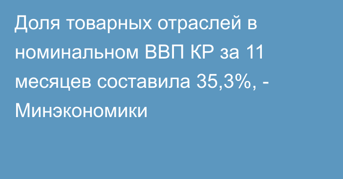Доля товарных отраслей в номинальном ВВП КР за 11 месяцев составила 35,3%, - Минэкономики
