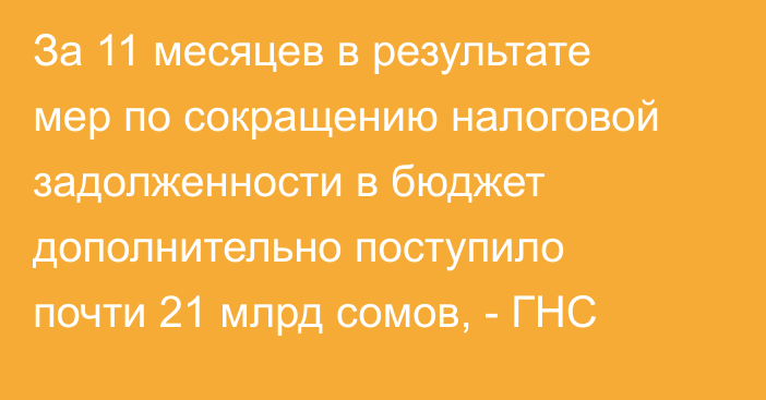 За 11 месяцев в результате мер по сокращению налоговой задолженности в бюджет дополнительно поступило почти 21 млрд сомов, - ГНС