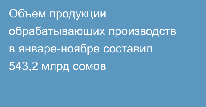 Объем продукции обрабатывающих производств в январе-ноябре составил 543,2 млрд сомов