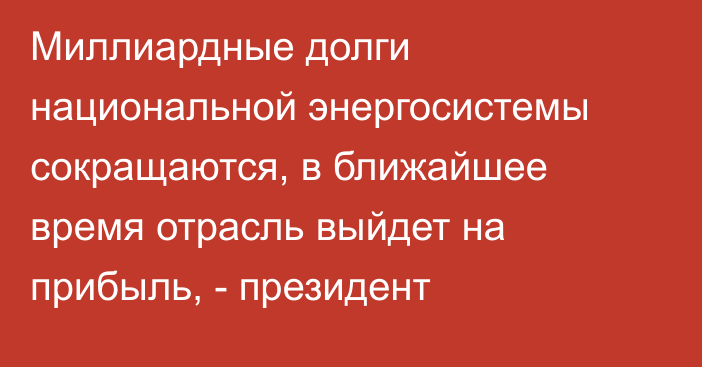 Миллиардные долги национальной энергосистемы сокращаются, в ближайшее время отрасль выйдет на прибыль, -  президент