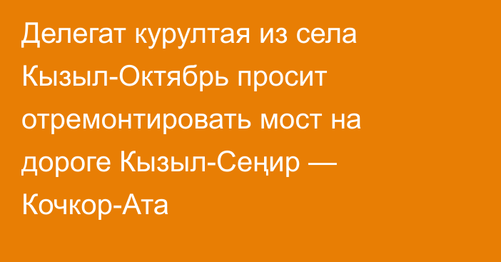 Делегат курултая из села Кызыл-Октябрь просит отремонтировать мост на дороге Кызыл-Сеңир — Кочкор-Ата