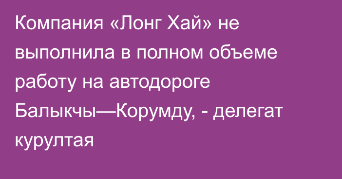 Компания «Лонг Хай» не выполнила в полном объеме работу на автодороге Балыкчы—Корумду, - делегат курултая