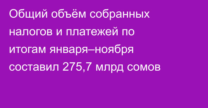 Общий объём собранных налогов и платежей по итогам января–ноября составил 275,7 млрд сомов