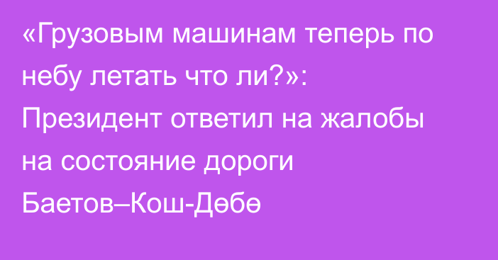 «Грузовым машинам теперь по небу летать что ли?»: Президент ответил на жалобы на состояние дороги Баетов–Кош-Дөбө