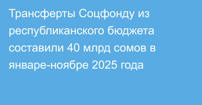 Трансферты Соцфонду из республиканского бюджета составили 40 млрд сомов в январе-ноябре 2025 года