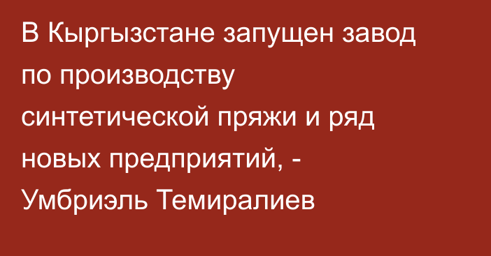 В Кыргызстане запущен завод по производству синтетической пряжи и ряд новых предприятий, - Умбриэль Темиралиев