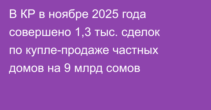 В КР в ноябре 2025 года совершено 1,3 тыс. сделок по купле-продаже частных домов на 9 млрд сомов