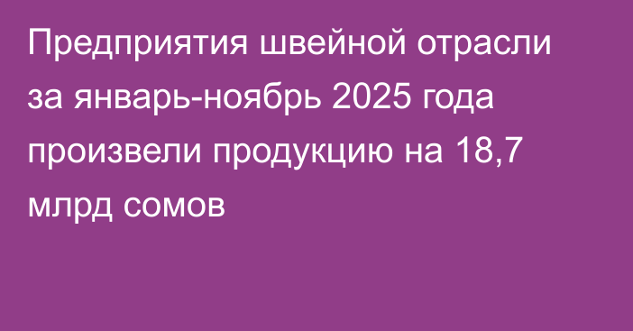 Предприятия швейной отрасли за январь-ноябрь 2025 года произвели продукцию на 18,7 млрд сомов