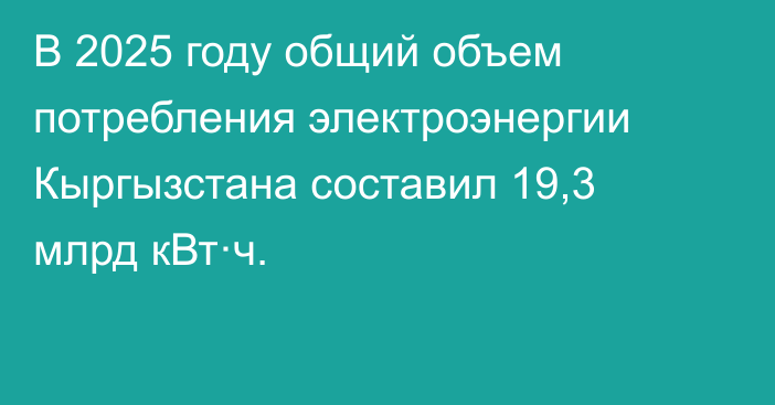 В 2025 году общий объем потребления электроэнергии Кыргызстана составил 19,3 млрд кВт·ч. 