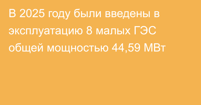 В 2025 году были введены в эксплуатацию 8 малых ГЭС общей мощностью 44,59 МВт