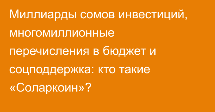 Миллиарды сомов инвестиций, многомиллионные перечисления в бюджет и соцподдержка: кто такие «Соларкоин»?
