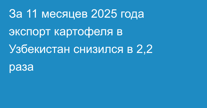 За 11 месяцев 2025 года экспорт картофеля в Узбекистан снизился в 2,2 раза