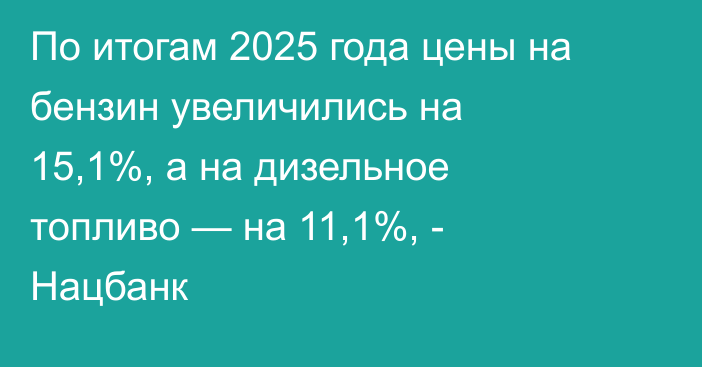 По итогам 2025 года цены на бензин увеличились на 15,1%, а на дизельное топливо — на 11,1%, - Нацбанк 