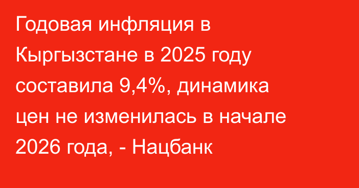 Годовая инфляция в Кыргызстане в 2025 году составила 9,4%, динамика цен не изменилась в начале 2026 года, - Нацбанк
