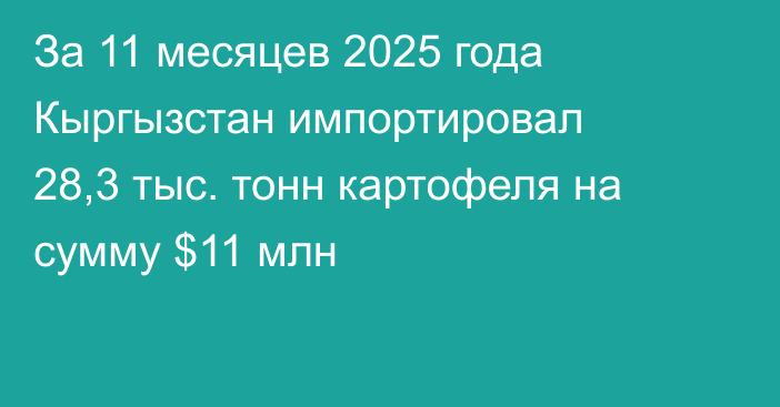 За 11 месяцев 2025 года Кыргызстан импортировал 28,3 тыс. тонн картофеля на сумму $11 млн 