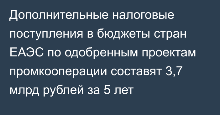Дополнительные налоговые поступления в бюджеты стран ЕАЭС по одобренным проектам промкооперации составят 3,7 млрд рублей за 5 лет