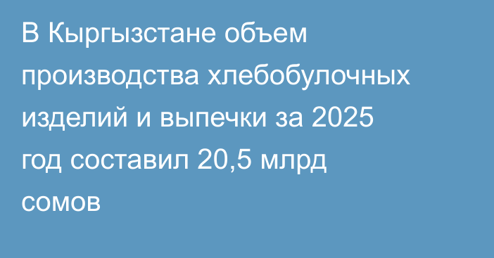В Кыргызстане объем производства хлебобулочных изделий и выпечки за 2025 год составил 20,5 млрд сомов