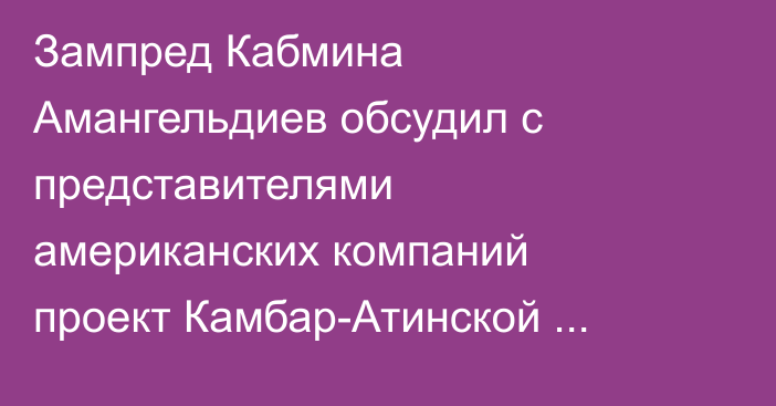 Зампред Кабмина Амангельдиев обсудил с представителями американских компаний проект Камбар-Атинской ГЭС-1