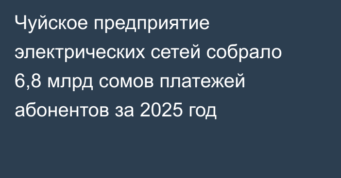 Чуйское предприятие электрических сетей собрало 6,8 млрд сомов платежей абонентов за 2025 год