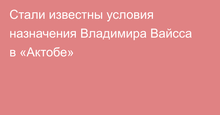 Стали известны условия назначения Владимира Вайсса в «Актобе»