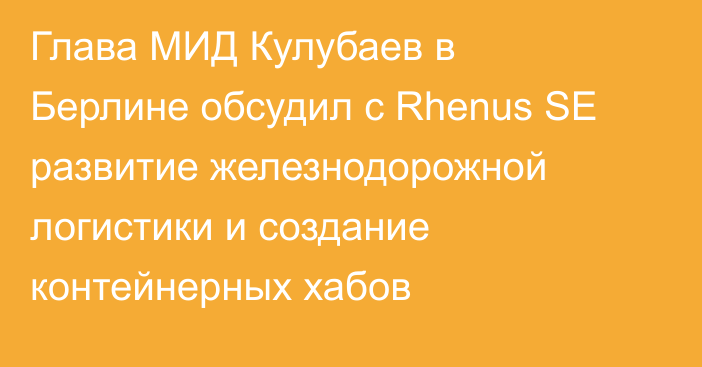 Глава МИД Кулубаев в Берлине обсудил с Rhenus SE развитие железнодорожной логистики и создание контейнерных хабов