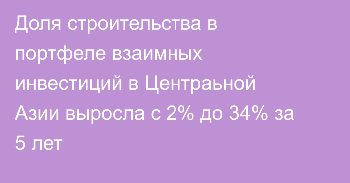 Доля строительства в портфеле взаимных инвестиций в Центраьной Азии выросла с 2% до 34% за 5 лет