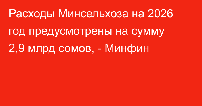 Расходы Минcельхоза на 2026 год предусмотрены на сумму 2,9 млрд сомов, - Минфин
