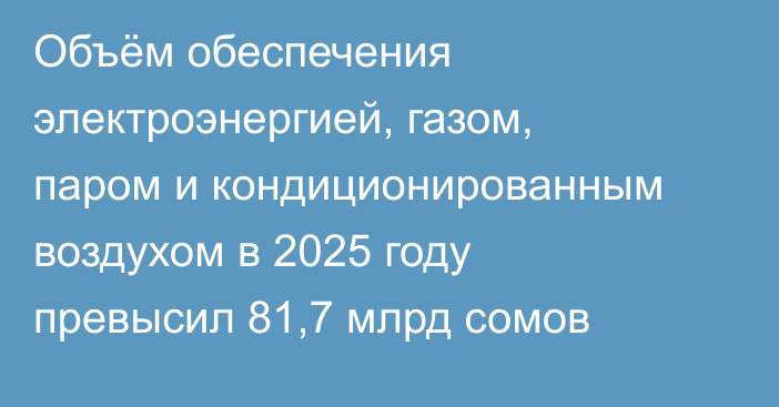 Объём обеспечения электроэнергией, газом, паром и кондиционированным воздухом в 2025 году превысил 81,7 млрд сомов