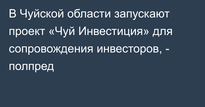 В Чуйской области запускают проект «Чуй Инвестиция» для сопровождения инвесторов, - полпред