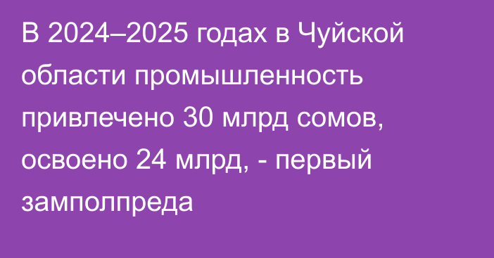 В 2024–2025 годах в Чуйской области промышленность привлечено 30 млрд сомов, освоено 24 млрд, - первый замполпреда 