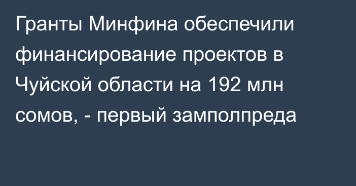 Гранты Минфина обеспечили финансирование проектов в Чуйской области на 192 млн сомов, - первый замполпреда 