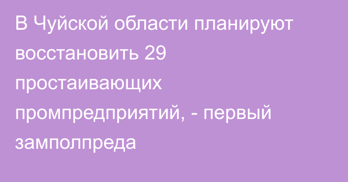 В Чуйской области планируют восстановить 29 простаивающих промпредприятий, - первый замполпреда 