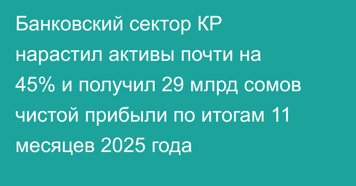 Банковский сектор КР нарастил активы почти на 45% и получил 29 млрд сомов чистой прибыли по итогам 11 месяцев 2025 года